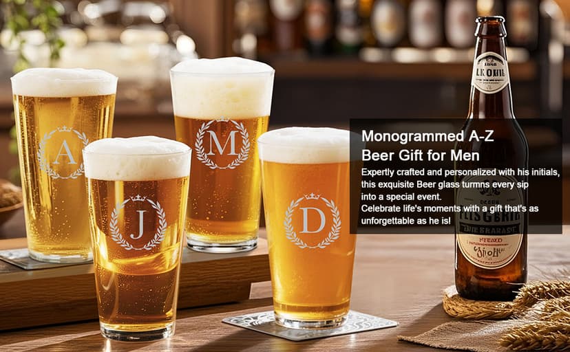 Personalized Beer Glasses Gifts for Men, 16 oz Pint Glasses Monogrammed A-Z Drinking Glass Cups Customized Gift, Unique Christmas Anniversary Birthday Gifts for Men Him Dad Brother Husband Grandpa (T)