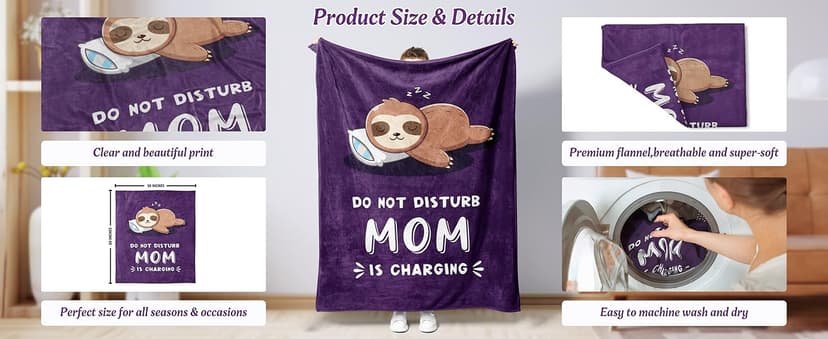 Funny Gifts for Mom Christmas, Mom is Charging Sloth Blanket, Birthday Gifts for Moms from Daguther Son, Moms Gift for Mothers Day, Soft Sloth Throws Blanket for Mother 60" x 50"