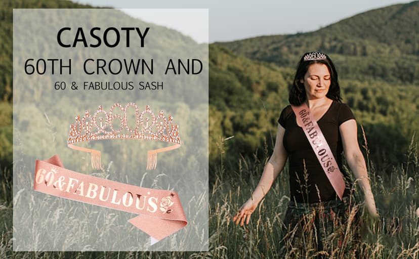 Casoty 60th Birthday Sash and Tiara for Women, 60th Birthday Decorations Women, Rose Gold 60th Crown and "60 & Fabulous" Sash Set, 60 Birthday Decorations for Women, 60th Birthday Gifts for Women