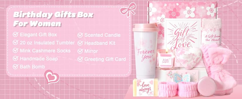 Birthday Gifts for Women - Cherry Blossom Spa Gift Box with Tumbler, Self Care Package for Mom Wife Sister Friend Grandma, Thank You Relaxation Basket for Mother’s Day Valentine’s Day Christmas (Pink)