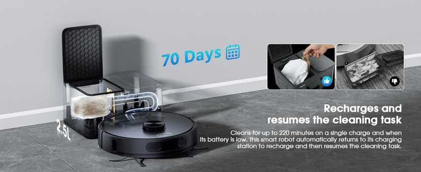 Robot Vacuum and Mop, 3-in-1 Robotic Vacuum Cleaner with 70-Day Self-Emptying Base, 360° LiDAR Navigation, Smart Mapping & Auto-Return, 6000Pa Strong Suction for Pet Hair, Carpets & Hard Floors