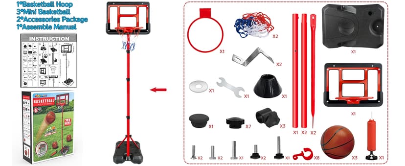 Boys Toy Gifts for 3 4 5 6 7 8 Years Old, Kids Basketball Hoop Adjustable Height 3.5FT-6.2FT, Mini Basketball Hoop for Kid Boys, Basketball Goal Toys Outdoor Indoor Game Gifts for Boys, Red