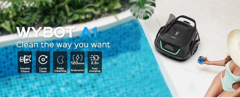 (2025 Upgraded) WYBOT A1 Pool Vacuum for Above Ground Pool, Automatic Cordless Robotic Pool Cleaner with 120 Mins, Double Filters, LED Indicator, 2.5H Charging, Ideal for Plat Pools