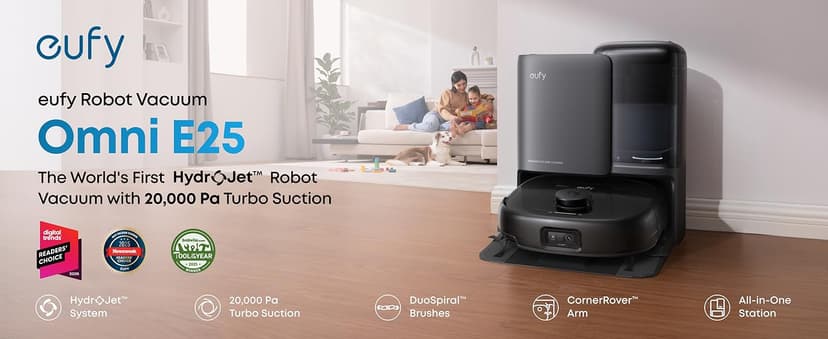 eufy Robot Vacuum E25, HydroJet System with Roller Mop, 20,000 Pa Turbo High Suction, All-in-One Robot Vacuum and Mop Combo for Home, Edge-to-Corner Cleaning, Zero-Tangle Design, AI Obstacle Avoidance