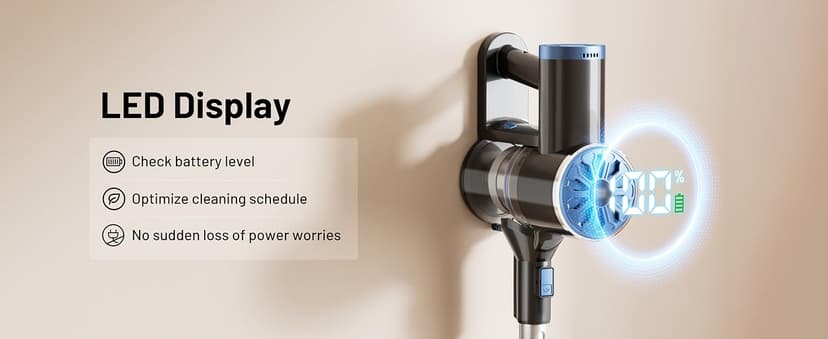 Cordless Vacuum Cleaner with Self-Standing, LED Screen Stick Vacuum Cleaners for Home, Lightweight Powerful Suction Vacuum, 6-in-1 Rechargeable Vacuum for Carpets, Pet Hair, Hardwood Floors