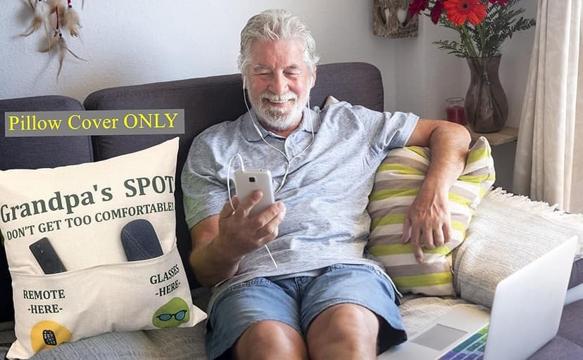 Grandpa Gifts,2-Pocket Grandpa’s Spot Throw Pillow Covers 18x18 Inch + Engraved Spoon, Fathers Day Birthday Christmas Thanksgiving Day Gifts for Papa, Granddad