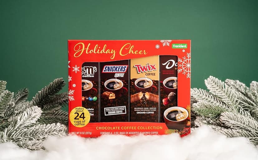 Holiday Cheer Chocolate Coffee Collection Gift Set 4 Pack, M&M's, Snickers, Twix, Dove Flavored Ground Coffee, 8 oz Box