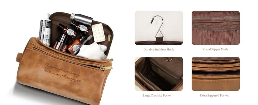 Easycosy Personalized Toiletry Bag for Men, Engraved with Pattern & Text, PU Leather Men's Toiletry Bag for Traveling, Father's Day Memories Gifts for Him Men Boyfriend Husband