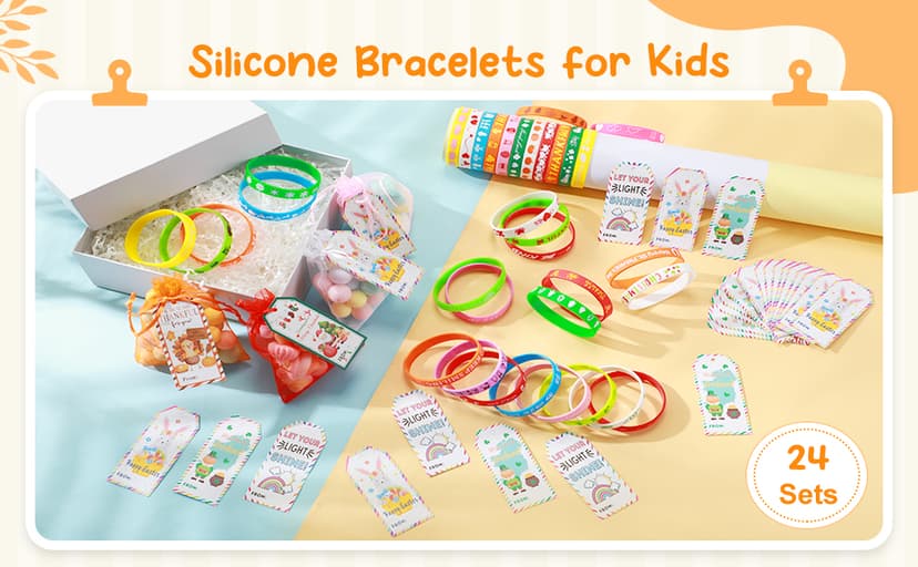 Liliful 72 Pcs Christmas Gifts 24 Set Christmas Students Gifts, Xmas Silicone Wristbands with Gift Label Tags and Organza Bags for Kids Stocking Stuffers Classroom Gift Party Favors(Merry Style)