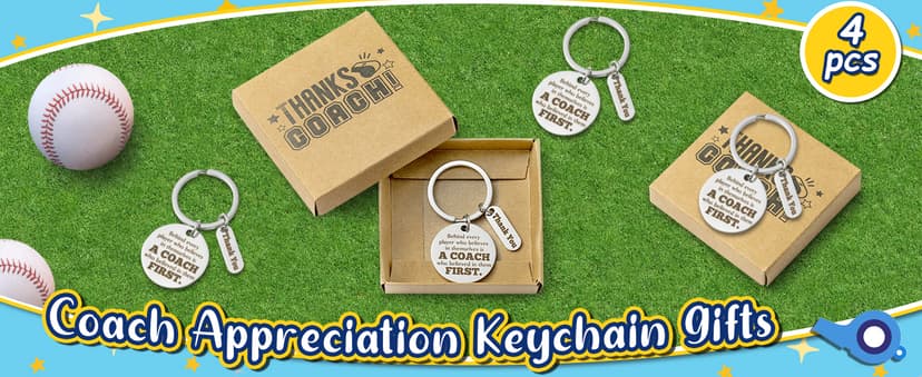 WATINC Coach Appreciation Keychain Gift Set, 4Pcs Sport Match Cheer Keychains Keepsake Present with Thank You Packaging