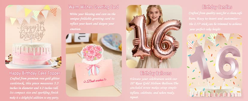 Sweet 16 Birthday Party Decorations for Girls, Sweet 16 Sash and Tiara, Cake Toppers, Number Candles and Balloons, 16th Birthday Gifts for Girls