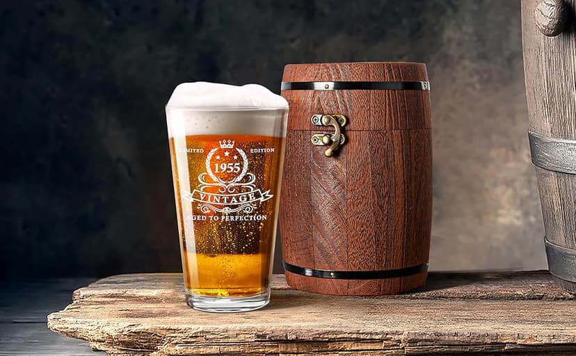 LIGHTEN LIFE 70th Birthday Gifts for Men 16oz,1955 Beer Glass in Barrel Box,70th Birthday Beer Glass,70th Birthday Gift Ideas,1955 Pint Glass for 70 Years Old Dad,Husband,70th Beer Glass
