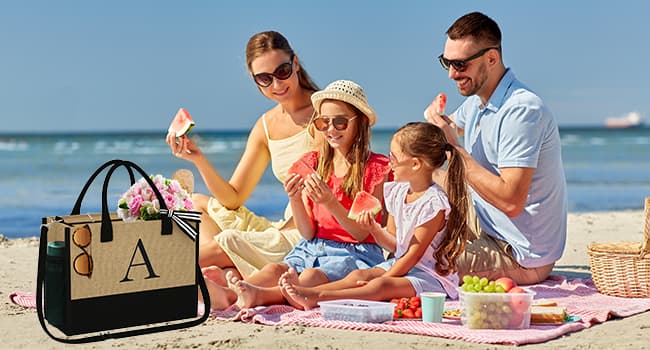 YOOLIFE Christmas Gifts for Women - Initial Jute Tote Bag & 2 Makeup Bags Personalized Gifts for Women Teacher Mom Friend