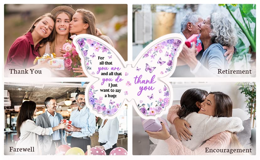 Thank You Gifts for Women, Appreciation Gifts for Teacher Employee Coworker Nurse Friend, 5x3.8x0.5 Inch Purple Butterfly Acrylic Plaque Decor, Graduation Wedding Thank You Grateful Gift Bulk