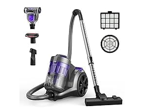 Aspiron 1700W Canister Vacuum Cleaner, 45Kpa Bagless Vacuum Cleaner, Multi-Cyclonic Filtration, 2 Anti-Allergen HEPA Filters, 3.5QT Dust Cup, 4 Tools, Corded Vacuum for Hard Floor, Pet Hair, Violet