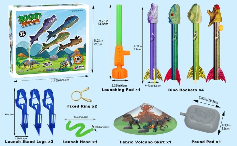 Dinosaur Toy Rocket Launcher for Kids - Launch Up to 100 Ft, 4 Rockets, Outdoor Outside Toys for Kids, Dinosaur Toys, Birthday Gifts for 3 4 5 6 7 8-12 Year Old Boys Girls