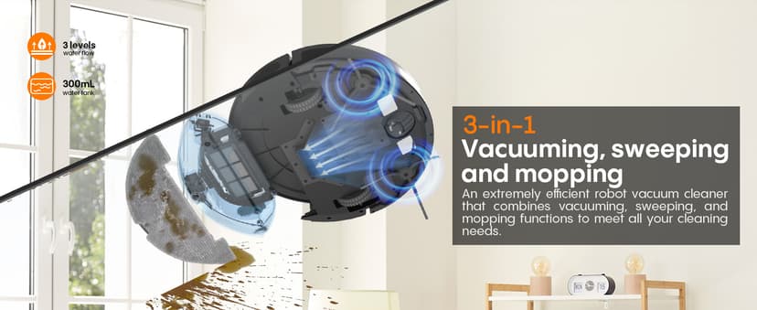 Robot Vacuum and Mop, 3-in-1 Robot Vacuum Cleaner, 4000Pa Powerful Suction, 2.87" Ultra Slim, with Wi-Fi/App/Alexa, Smart Navigation, Perfect for Pet Hair, Hard Floors and Low-Pile Carpets