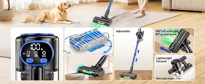Cordless Vacuum Cleaner, 45KPA 8 in 1 Lightweight Vacuum Cleaners for Home, 50Mins Anti-Tangle Stick Vacuum, LED Display, Rechargeable Vacuum for Pet Hair/Carpet/Floor (Blue)