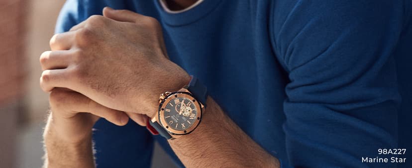 Bulova Men's Marine Star Series C Two-Tone Rose Gold Stainless Steel 6-Hand Chronograph Quartz Watch, Blue Dial Style: 98B301