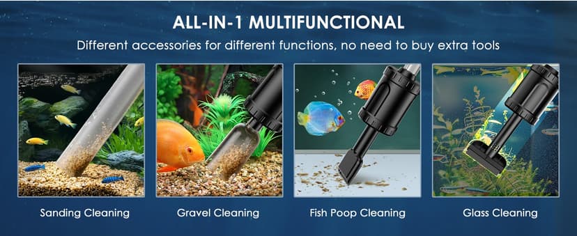36W Fish Tank Vacuum Gravel Cleaner Electric: Aquarium Vacuum Gravel Cleaner with Strong Suction for Automatic Water Change Algae Cleaner Sand Wash Water Circulation and Water Shower, Timed Off
