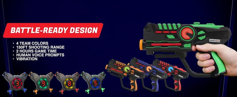 ArmoGear Set of 4 Laser Tag Guns with Vests - Laser Tag Set for Kids and Adults - Toy Guns with 150 ft Range, Night Vision, Invisibility Mode - Battery Operated - Multiplayer Outdoor Game for Ages 8+