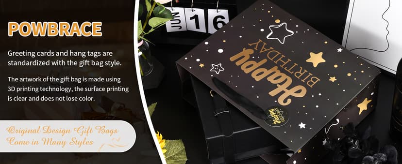 Black Birthday Gift Bag with Tissue Paper and Greeting Card, 13'x10.2'x4.9', Medium (1-Piece Set, Black Starry Sky, Unisex, Includes Card, Ribbon, Crinkle Paper)