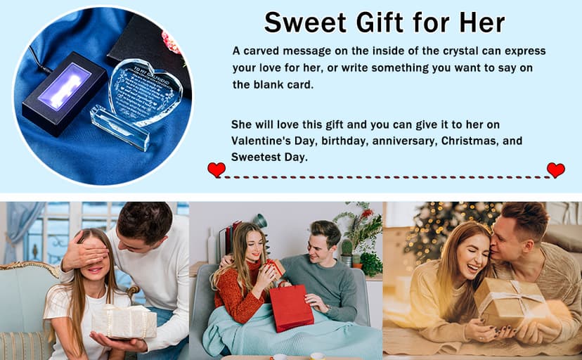 YWHL Romantic Girlfriend Gifts from Boyfriend, To My Girlfriend Crystal Heart Shaped Keepsake with Colorful Light Base, Girlfriend Birthday Gift, Gifts for Girlfriend on Anniversary Valentine