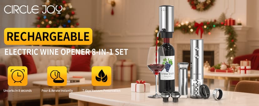 CIRCLE JOY Rechargeable Electric Wine Opener Set 8-in-1 Stainless Steel Automatic Wine Bottle Opener Gift Set w/Electric Wine Aerator Pourer, Foil Cutter, Wine Drip Ring, Vacuum Pump & 2 Wine Stoppers