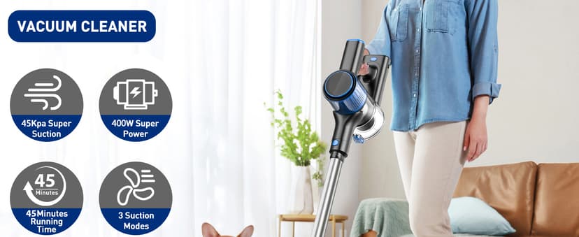 Cordless Vacuum Cleaner, 8 in 1 Powerful Suction Lightweight Vacuum Cleaner for Home, LED Display, 3 Suction Modes, 45Mins Detachable Battery Vacuum for Hard Floor Carpet Pet Hair