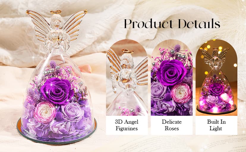 RoseValley Angel Roses Gifts for Mom,Preserved Real Flowers Roses in Glass Angel Figurines,Christmas Birthday Gifts for Grandma Women Mom Wife Mother in Law/Purple