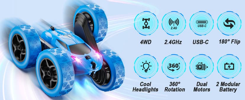 Remote Control Car, RC Cars Toys for Kids Ages 6-12, 4WD Stunt Car with LED Lights & 360° Flips, 2.4GHz, Upgraded USB-C Modular Batteries, 8-10 Year Old Boys Birthday Gift 1-Blue