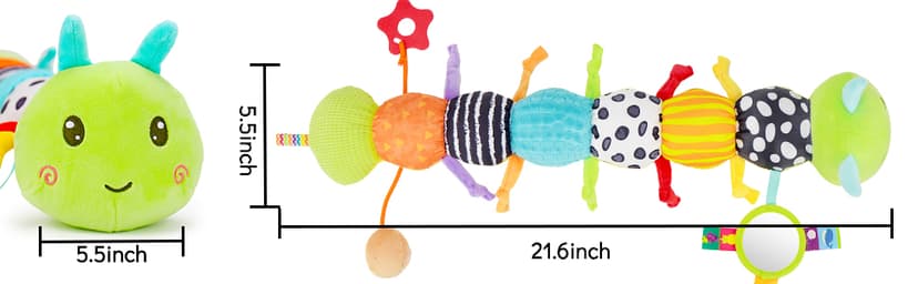 Baby Sensory Toy 0-6 Month Music Animal Stuffed Plush Caterpillar Toy for Infant 0-3-6-12 Month Old Tummy Time with Baby Mirror Crinkle Rattle Carseat Toys for Newborn Boys Girl Shower Gifts