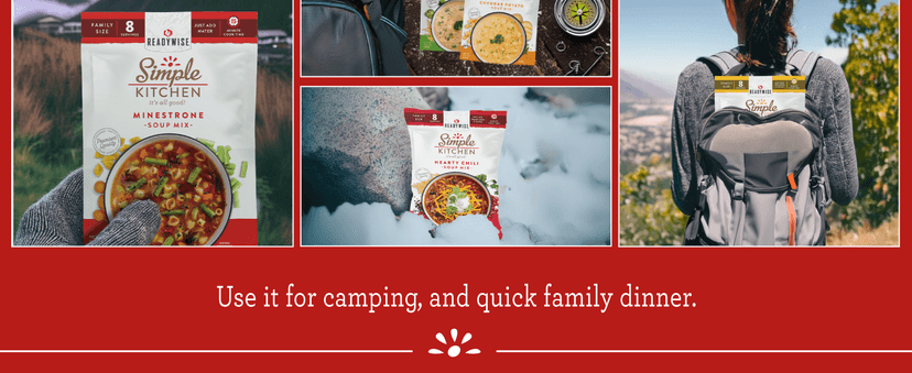 READYWISE - Simple Kitchen, Soup Sampler, Variety Pack, 8 Servings Per Pouch, Soup Mix, Family Size, MRE, Gluten Free, Freeze Dried Food, Ready To Eat Meals, Hiking & Backpacking Food, Soup for Family, Pack of 5