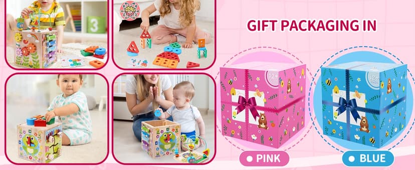 Wooden Activity Cube | Montessori Toys for 1 2 3 Year Old Toddlers | One Year Old 1st First Birthday Gift | Educational Toys for 12+ Months Baby Boys Girls | Bonus Sorting & Stacking Game (Pink)