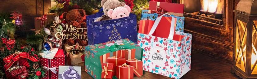 Heetobcos 12 Pack Christmas Gift Bags Large Reusable Tote Bags, Non-Wove Bags for New Year's Shopping, Christmas Surprise, Xmas Party Supplies,12.8"×9.8"×6.7"