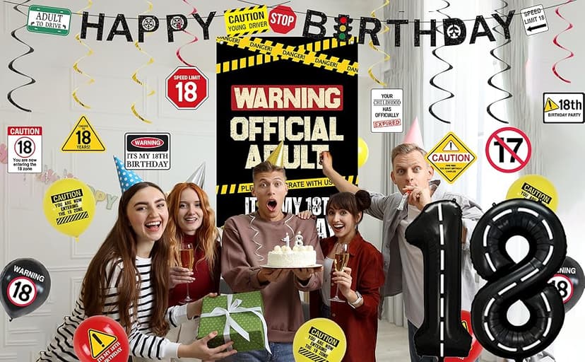 Roetyce 18th Birthday Decorations for Boys Girls, Caution Logos Happy 18th Birthday Banner Backdrop Balloons Hanging Swirls Kit, 18 Years Old Party Yard Door Wall Cover Background