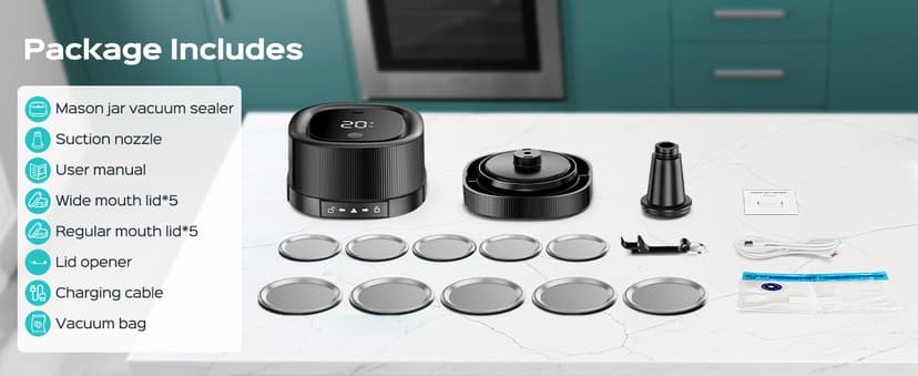 ZIWEO Mason Jar Vacuum Sealer Kit for Wide Mouth and Regular Mouth Mason Jars, Electric Vacuum Sealer with Suction Nozzle, 10 Lids and 1 Vacuum Bag, Compact and Auto Stop Design