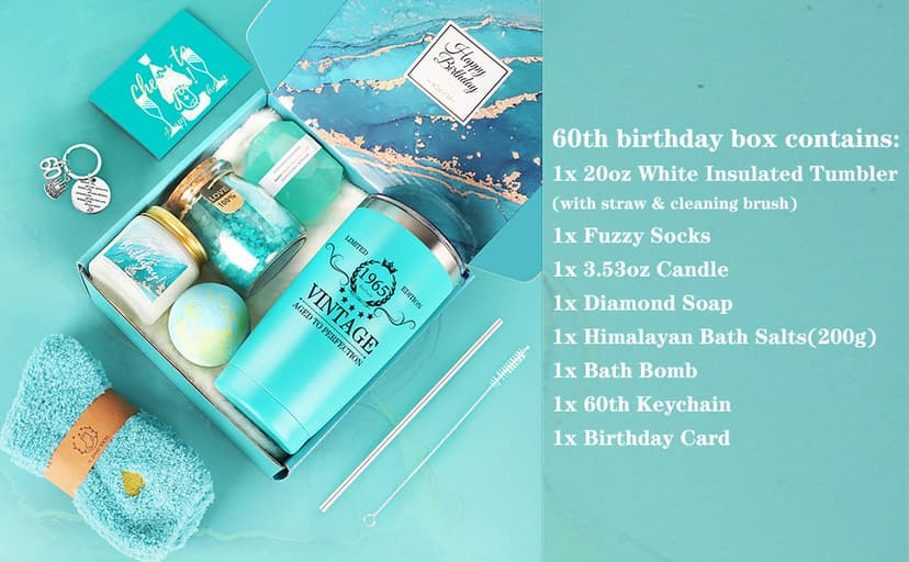 60th Birthday Gifts for Women, 60th Birthday Gifts Ideas Baskets, Gifts for 60th Birthday Women, Vintage 1965 Tumbler, Unique Best 60th Bday Gift Ideas for 60 Year Old Mom Sister Friend Wife Grandma