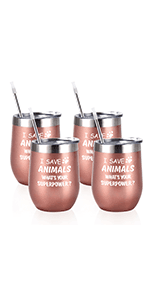 Qtencas Christmas Funny Wine Tumbler Set, 12 Oz Stainless Steel Wine Tumbler with Spoon for Women Friends Sisters Men, Gift Idea for Christmas Xmas Wedding Party, 4 Pack, Rose Gold