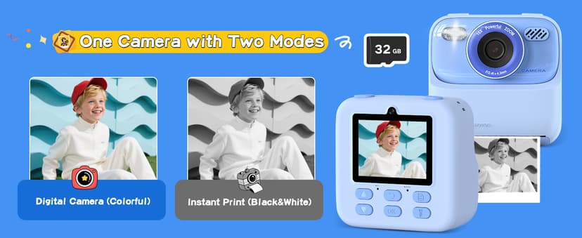 Kids Instant Digital Cameras for Boys and Girls, 1080P HD Dual-Lens Selfie Digital Camera with Print Paper & 32G Card, Christmas Birthday Gifts Toys for Toddler and Teenagers Age 3-16 Years Old