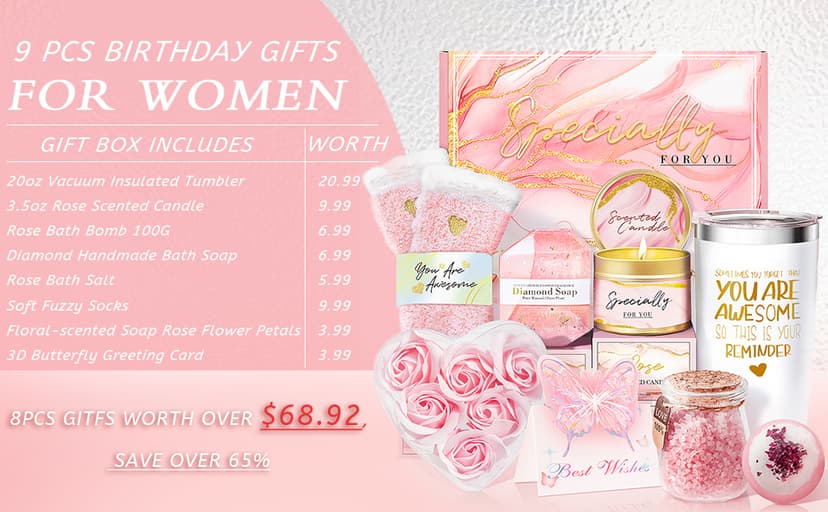 Gifts for Women, Birthday Gifts for Women, Happy Birthday Gifts Basket for Women, Rose Relaxing Spa Gifts Basket for Best Friends Female Sister Mom Wife Her Girlfriend Coworker Bestie