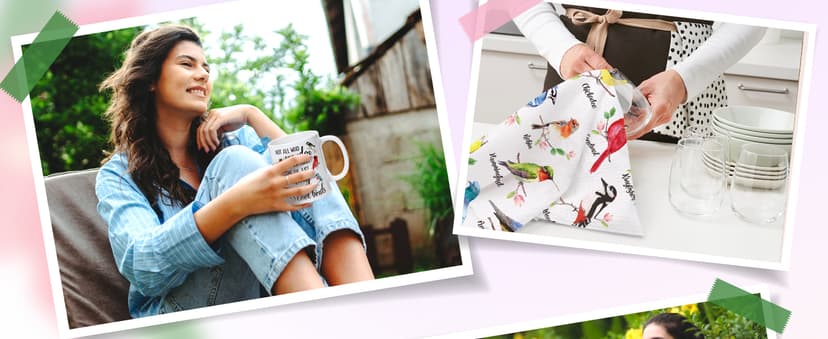 Nefelibata Bird Gifts for Women: 4-in-1 Birds Mug, Socks, Water Whistle, Kitchen Towel - Cardinal, Hummingbird, Kingfisher Birds on Branch