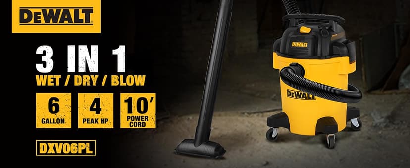 DEWALT Shop Vacuum 6 Gallon 4HP Poly Wet Dry Vacuum Ultimate Cleaning Solution for Construction Workshop Environments for Jobsite Garage Home W/Inflation Ket, Yellow, DXV06PL