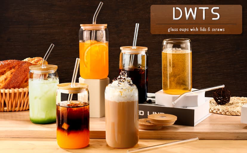 Glass Cups with Lids and Straws 6 pcs, 16 oz-DWTS Cute Tumbler,Beer Drinking Glasses,Clear for Iced Coffee, Tea with Bamboo Lids for Gifts