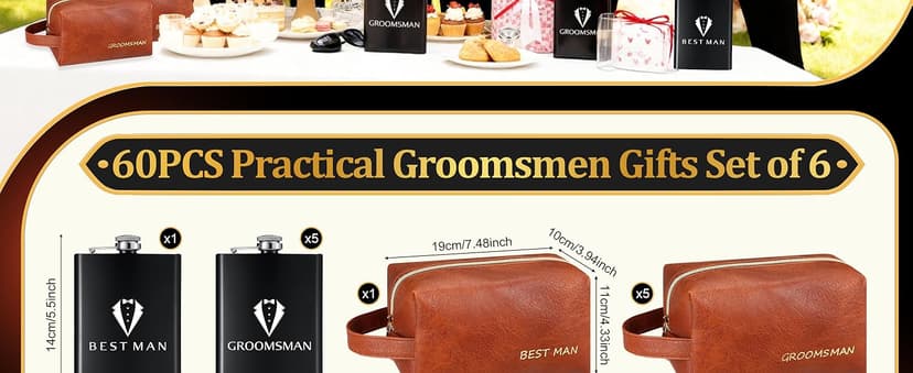 60Pcs Groomsmen Gifts Set of 6, Groomsmen Proposal Box with Flasks Sunglasses PU Leather Toiletry Bag Bottle Opener for Wedding Groomsman Best Man Gift