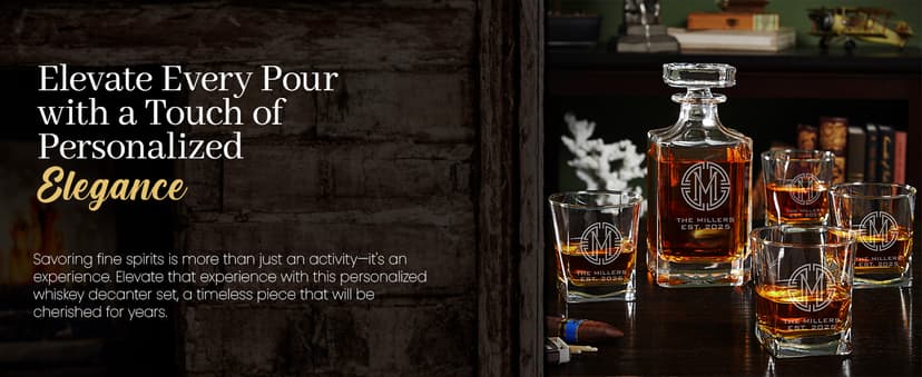 Personalized Whiskey Decanter Set with Wood Gift Box - Custom Bourbon and Scotch Gift Boxed Set
