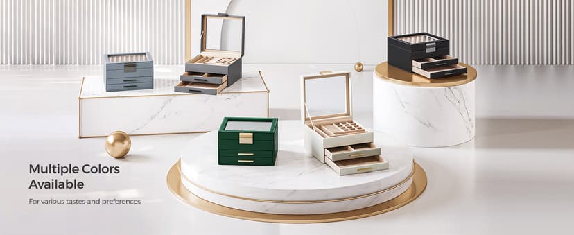 SONGMICS Jewelry Box Organizer with Glass Lid, 3-Layer Jewelry Storage, with 2 Drawers, Modern Style, Christmas Gift, 8 x 9.1 x 5.3 Inches, Cloud White and Gold Color UJBC239WT