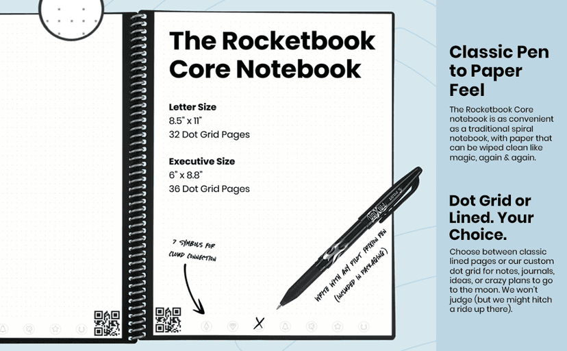 Rocketbook Core Reusable Spiral Notebook, Letter Size 8.5x11, Black - Dotted Pages, App-Connected, Erasable, Durable Cover, Ideal for School, Work, and Creative Projects