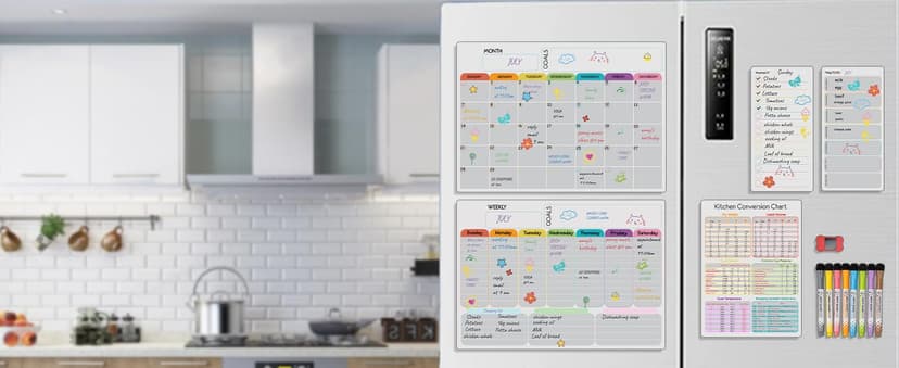 Hivillexun Magnetic Dry Erase Calendar Whiteboard Set (3-Pack) for Fridge, Wall, and Refrigerator Organization – Monthly, Weekly, and Daily Planners with 8 Markers and Eraser