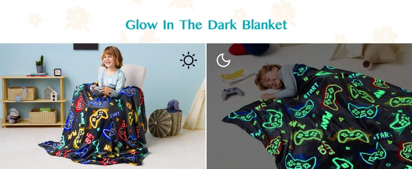 Joiedomi Glow in The Dark Gaming Blanket Gamer Gifts for Boys Age 2 3 4 5 6 7 8 9 10 11 12 Year Old, Soft Cozy Flannel Kids Throw Blanket, Birthday Bedroom Decor Grey 50"×60"